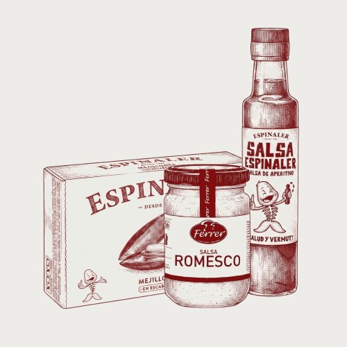 Assortiment Spaanse Espinaler visconserven en Ferrer sauzen zoals allioli en romesco.