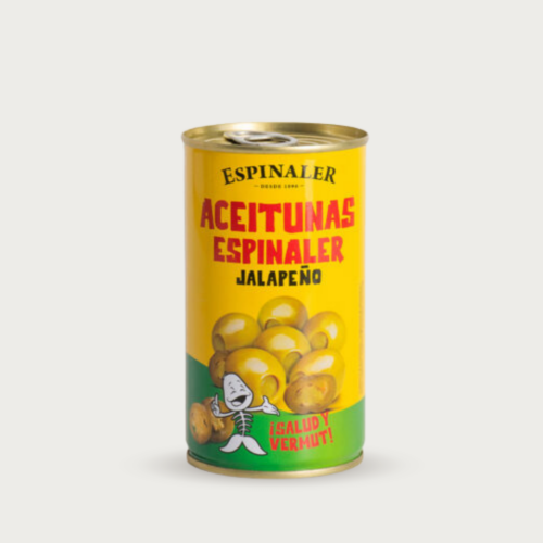 Blik van 350g Espinaler Manzanilla Fina olijven gevuld met Jalapeño.