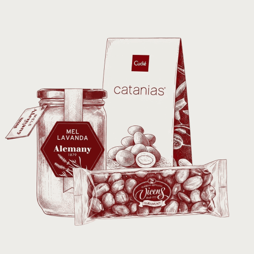 Assortiment Spaanse zoetwaren met Alemany honing, ambachtelijke turrón, chocolade en Catalaanse Catànies.