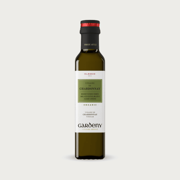 Glazen fles Badia Chardonnay wijnazijn voor salades en vismarinades.