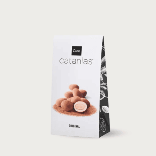 Doosje van 60g Cudié Catànias originele Catalaanse chocolade bonbons met amandel.
