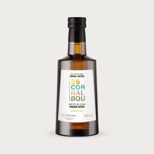 Glazen fles van 250ml Escornalbou Gourmet extra vierge olijfolie van 100% Arbequina olijven