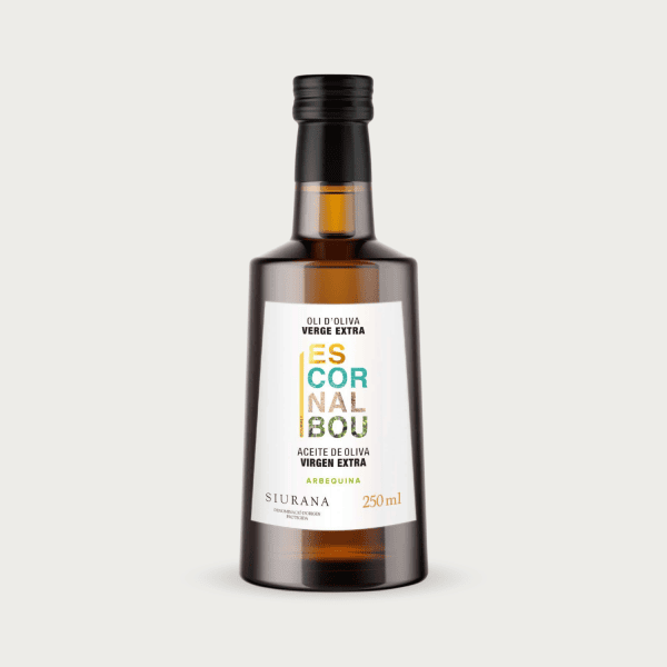 Glazen fles van 250ml Escornalbou Gourmet extra vierge olijfolie van 100% Arbequina olijven