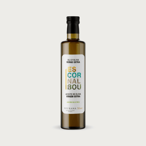 Glazen fles van 750ml Escornalbou Gourmet extra vierge olijfolie van 100% Arbequina olijven