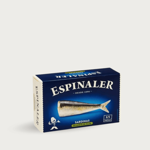 Blik van 120g Espinaler grote Spaanse sardines in milde olijfolie.