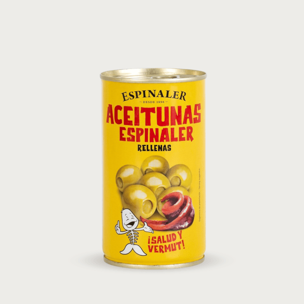 Blik van 350g Espinaler Manzanilla Fina olijven gevuld met ansjovis.