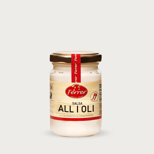 Glazen pot van 160g Ferrer salsa alioli knoflooksaus voor tapas.