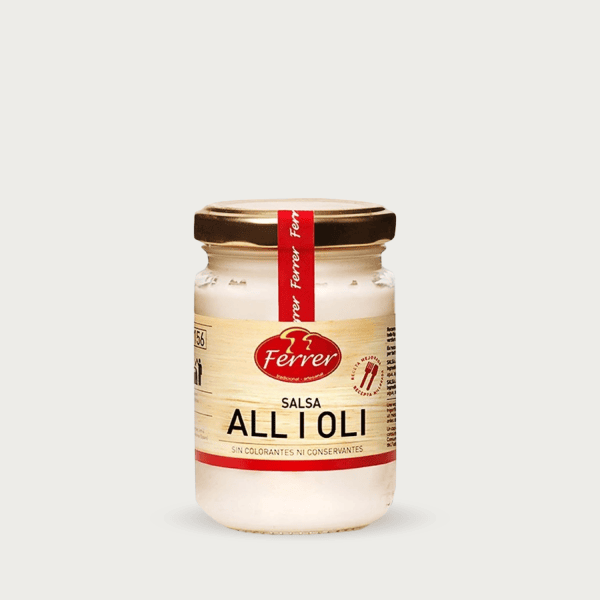 Glazen pot van 160g Ferrer salsa alioli knoflooksaus voor tapas.