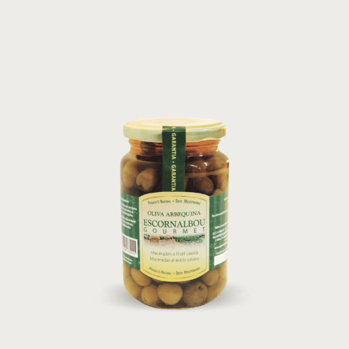 Glazen pot van 370g Escornalbou Gourmet gemarineerde Arbequina olijven met pit.