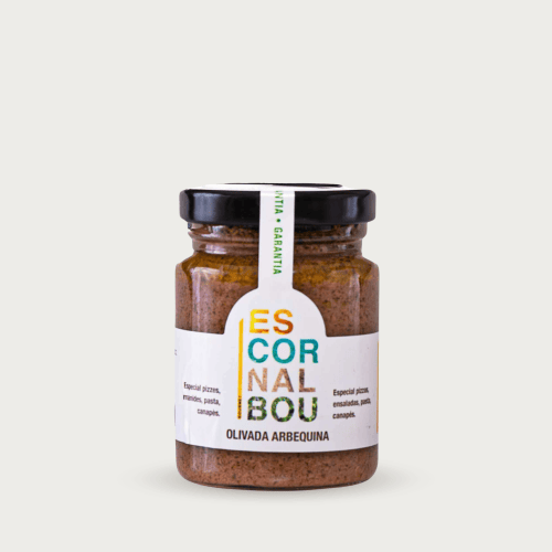Glazen potje van 90g Escornalbou Gourmet biologische Arbequina olijventapenade.
