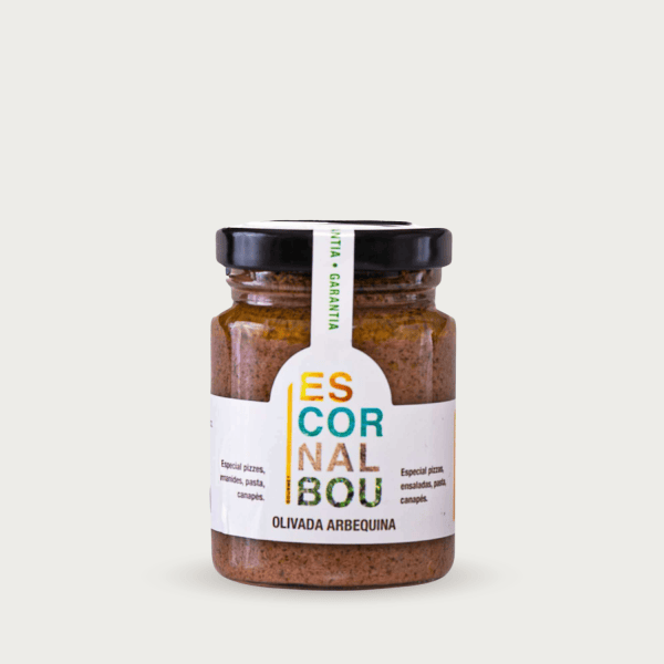 Glazen potje van 90g Escornalbou Gourmet biologische Arbequina olijventapenade.