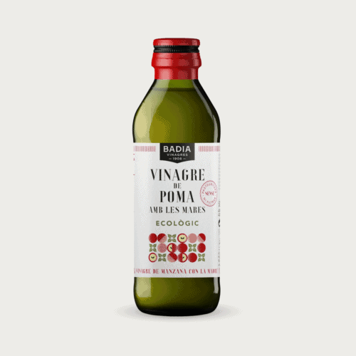 Fles Badia Biologische Appelazijn uit Catalonië, ongefilterd en met de natuurlijke azijnmoeder.
