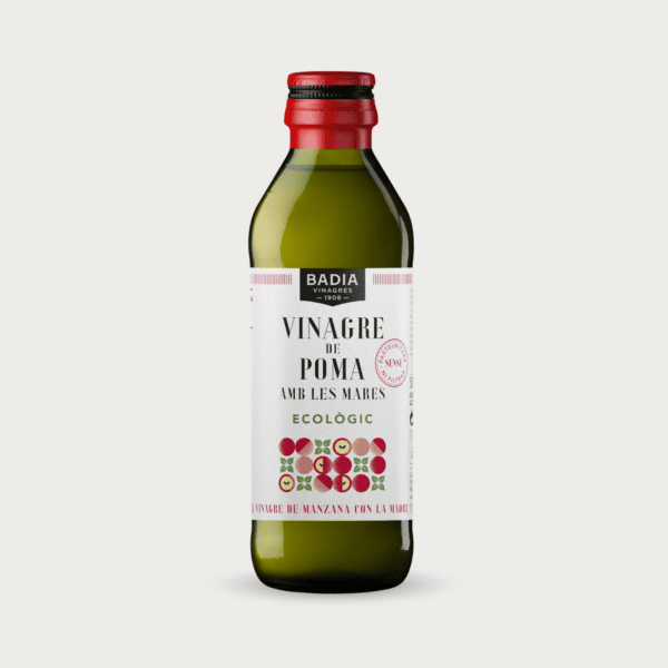 Fles Badia Biologische Appelazijn uit Catalonië, ongefilterd en met de natuurlijke azijnmoeder.