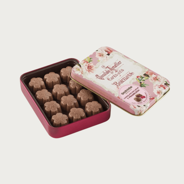 Amatller Framboos Chocolade Tinnen blikje van Amattler Chocolade met framboos-chocolade bloemblaadjes